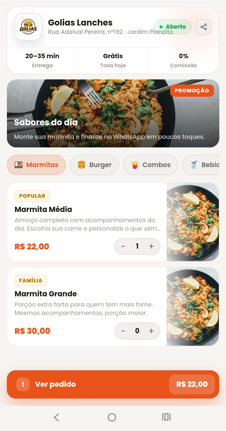 Cardápio de uma loja real feito no CardZap